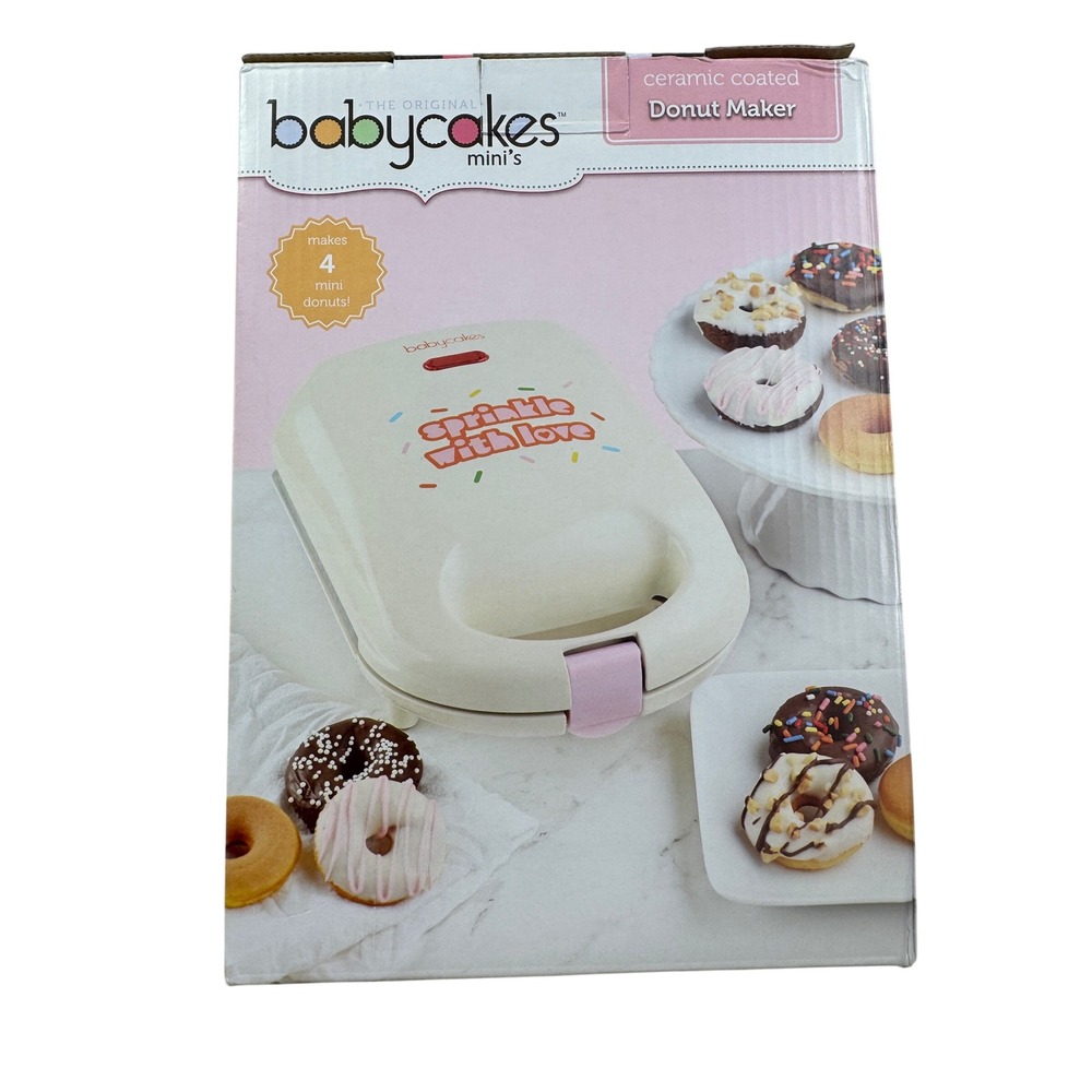 Babycakes Mini Donut Maker Ceramic Coated Non-Stick Bakes 4 Donuts‎ Cream Pink